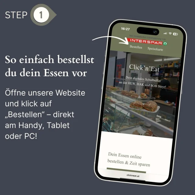 So einfach bestellst du mit Click’n’Eat:
1. Auf „Bestellen“ drücken
2. Gericht auswählen
3. Bestätigungsmail erhalten & zur gewünschten Zeit beim Buffet abholen
Jetzt ausprobieren: clickneat.at