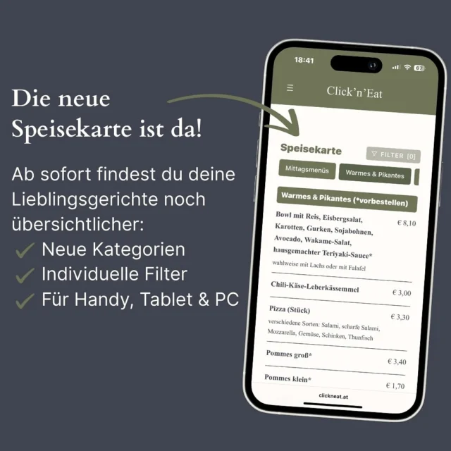 ✨ Die neue Speisekarte ist online!
Mit Kategorien, Filtern & für alle Geräte optimiert.
👉 Probiere es jetzt gleich aus!