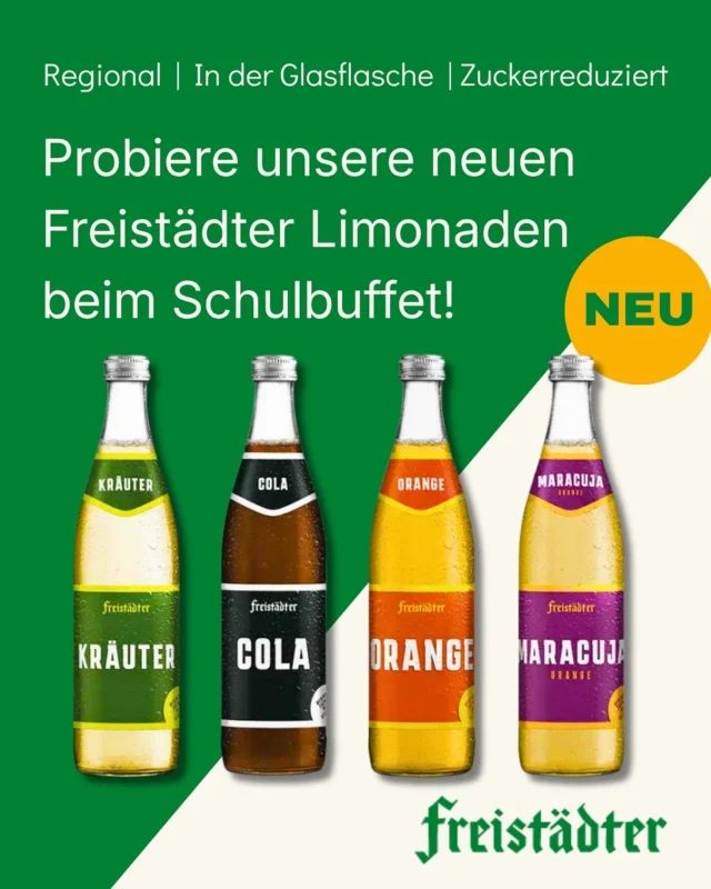 Durst und Lust auf was Neues? Hol dir eine Freistädter Limonade. 🥤

Ob Cola, Orange, Maracuja-Orange oder Kräuter - jede Sorte kommt in einer stylischen Glasflasche, regional produziert und mit weniger Zucker. ✨
Für 2 € bekommst du 0,5 l erfrischenden Genuss. 😋

Im Moment ohne Pfand - wir bitten trotzdem darum, die Flaschen beim Buffet zurückzugeben. 🙌 ♻